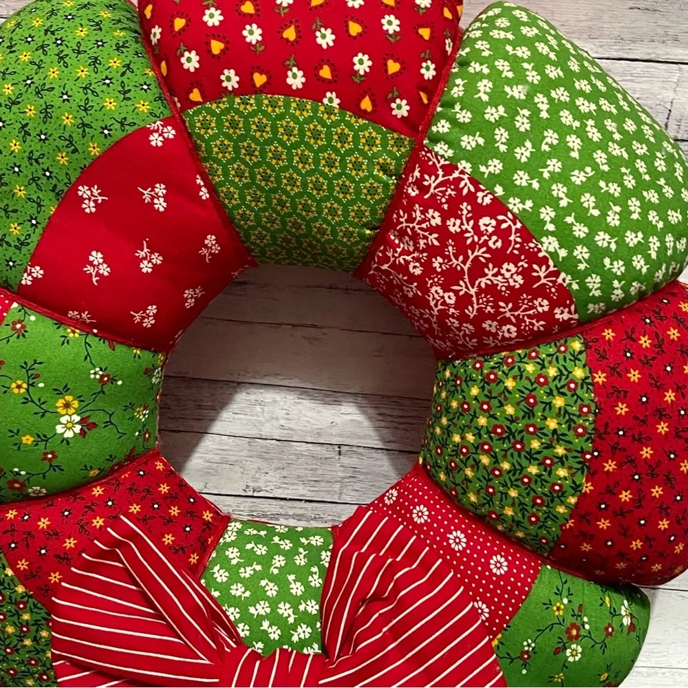 Vintage 17” Handmade Quilted Patchwork Stuffed Wreath